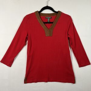 Lauren Ralph Lauren Red Tan Petite Medium Suede Trim Top 3/4 Sleeve Tunic